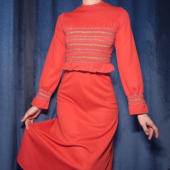 Vintage 60s Holidays bright red and gold babydoll long bell-sleeved maxi dress - Picture 1 of 14